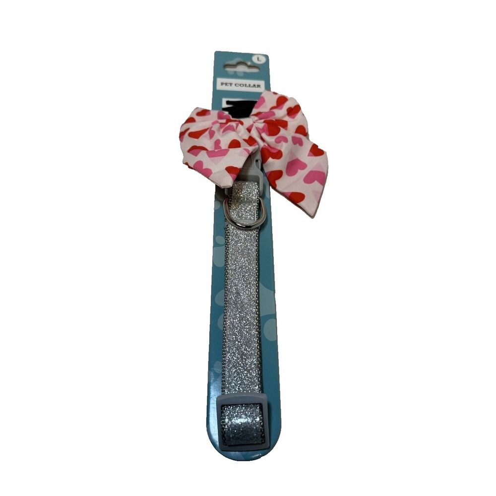 NEW DOG COLLAR silver with pink red heart bow‎ SIZE LARGE 15-20 INCHES